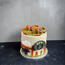 Load image into Gallery viewer, Elegant bespoke cake from Kaki Desserts, featuring intricate floral designs and a smooth fondant finish.