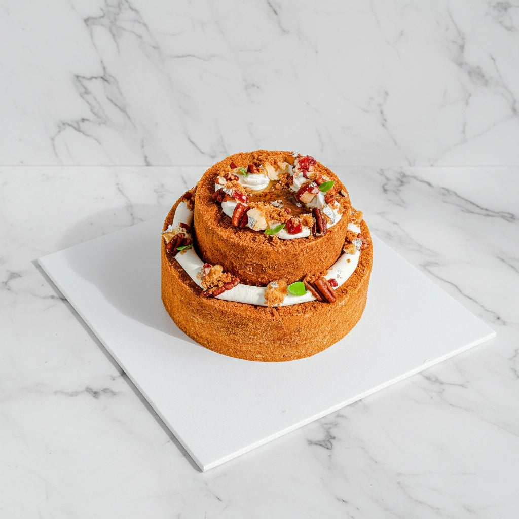 Slice of Apple Pecan dessert from Kaki Desserts with marble pattern, featuring apple and pecan toppings on a white plate.