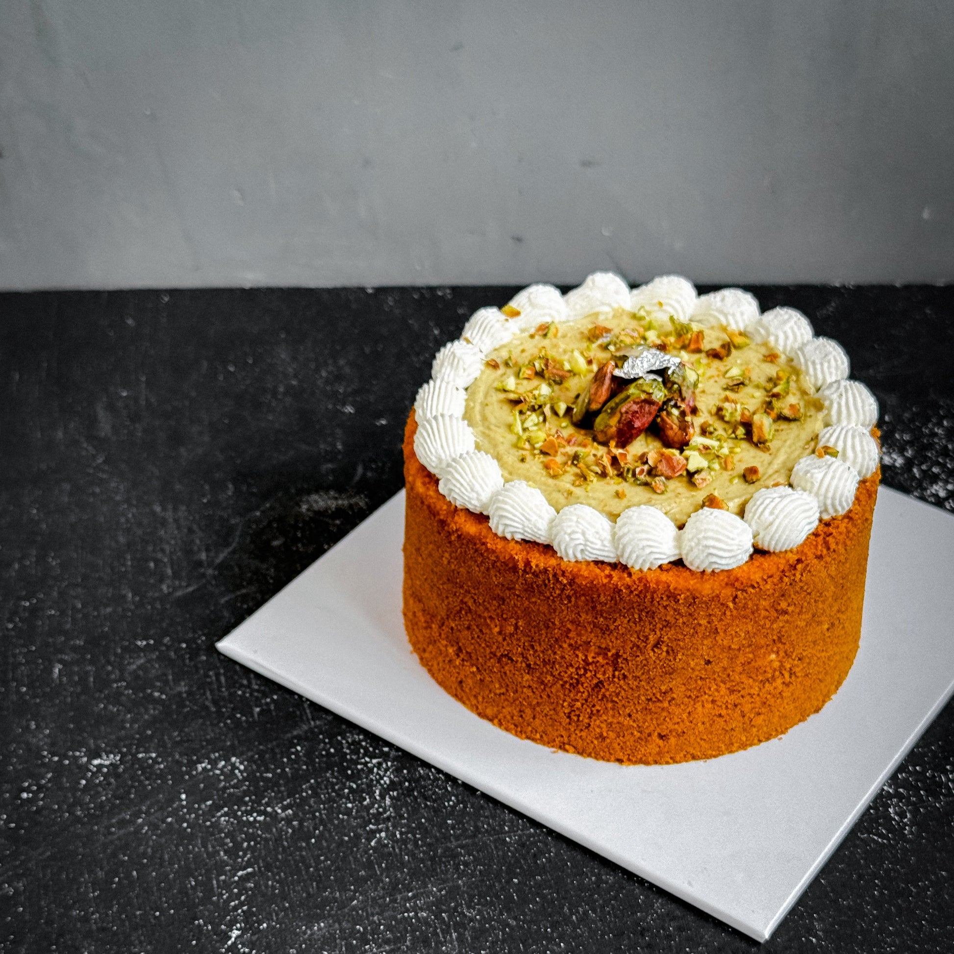 Refined sugar-free pistachio honey cake from Kaki Desserts , with 100%pistachio paste and caramelize pistachio