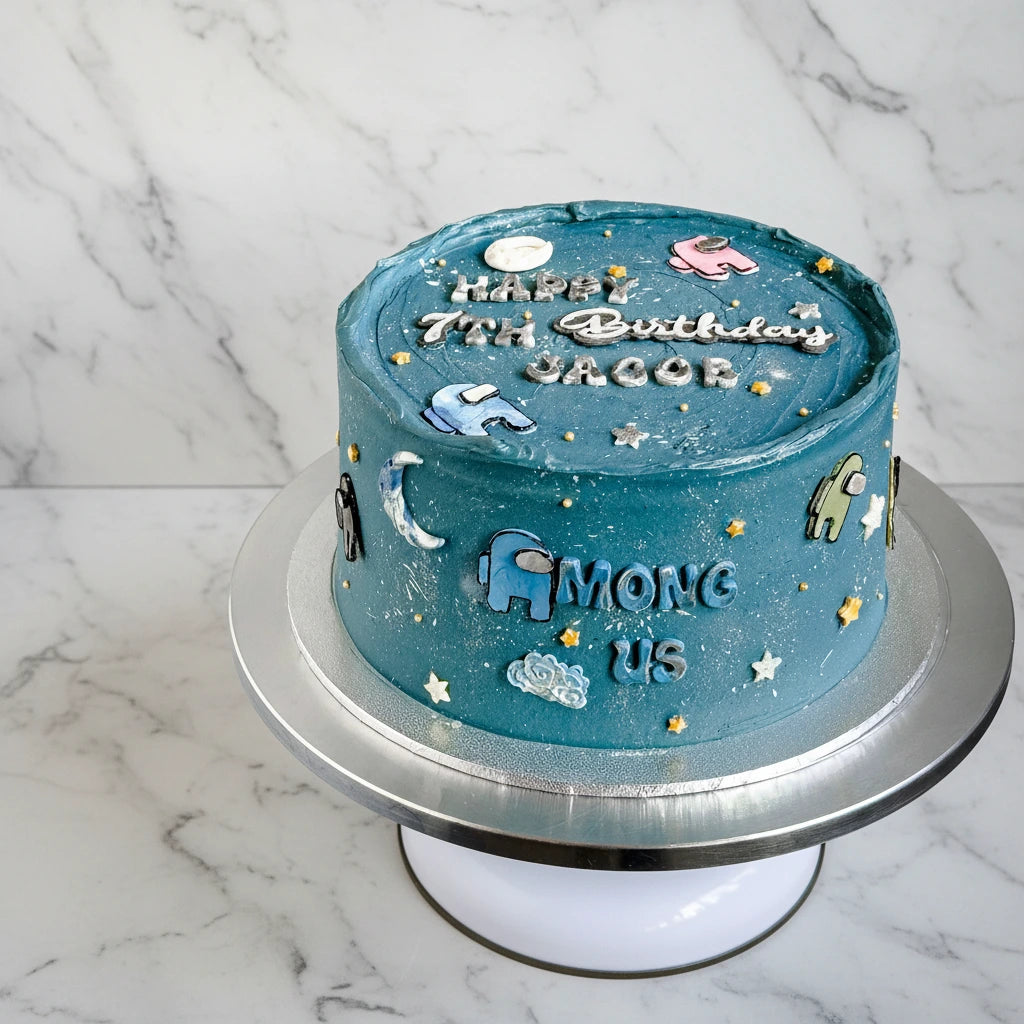 Marble Among Us-themed cake by Kaki Desserts with colorful character decorations and smooth marble icing.