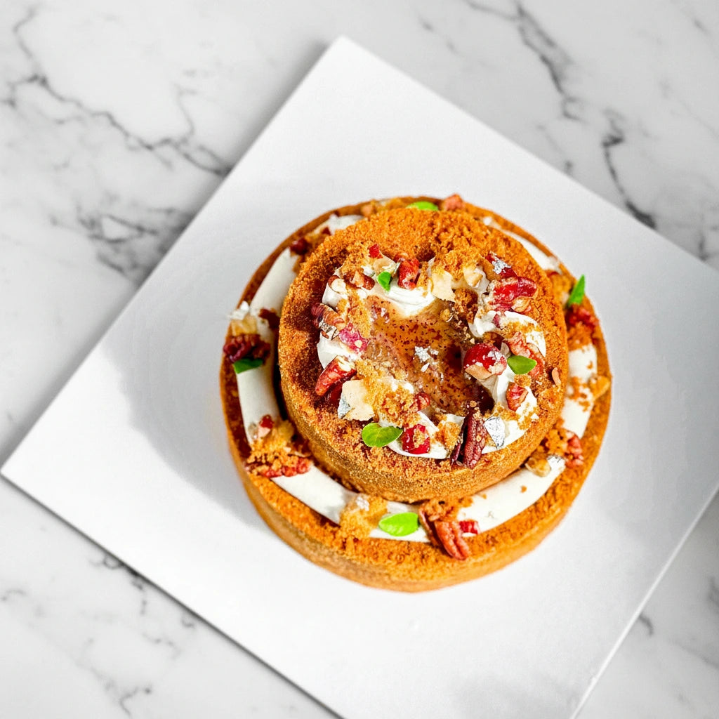Overhead view of a slice of Kaki Desserts Apple Pecan cake with apple slices and pecans on a marble surface.