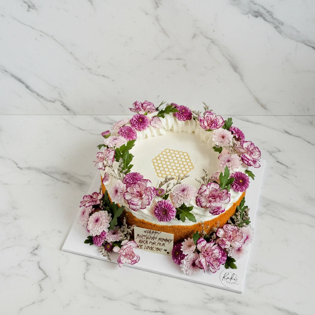 Kaki Desserts honeybee chrysanthemum marble cake, sugar-free and refined sugar-free, with a marbled design and floral decoration.