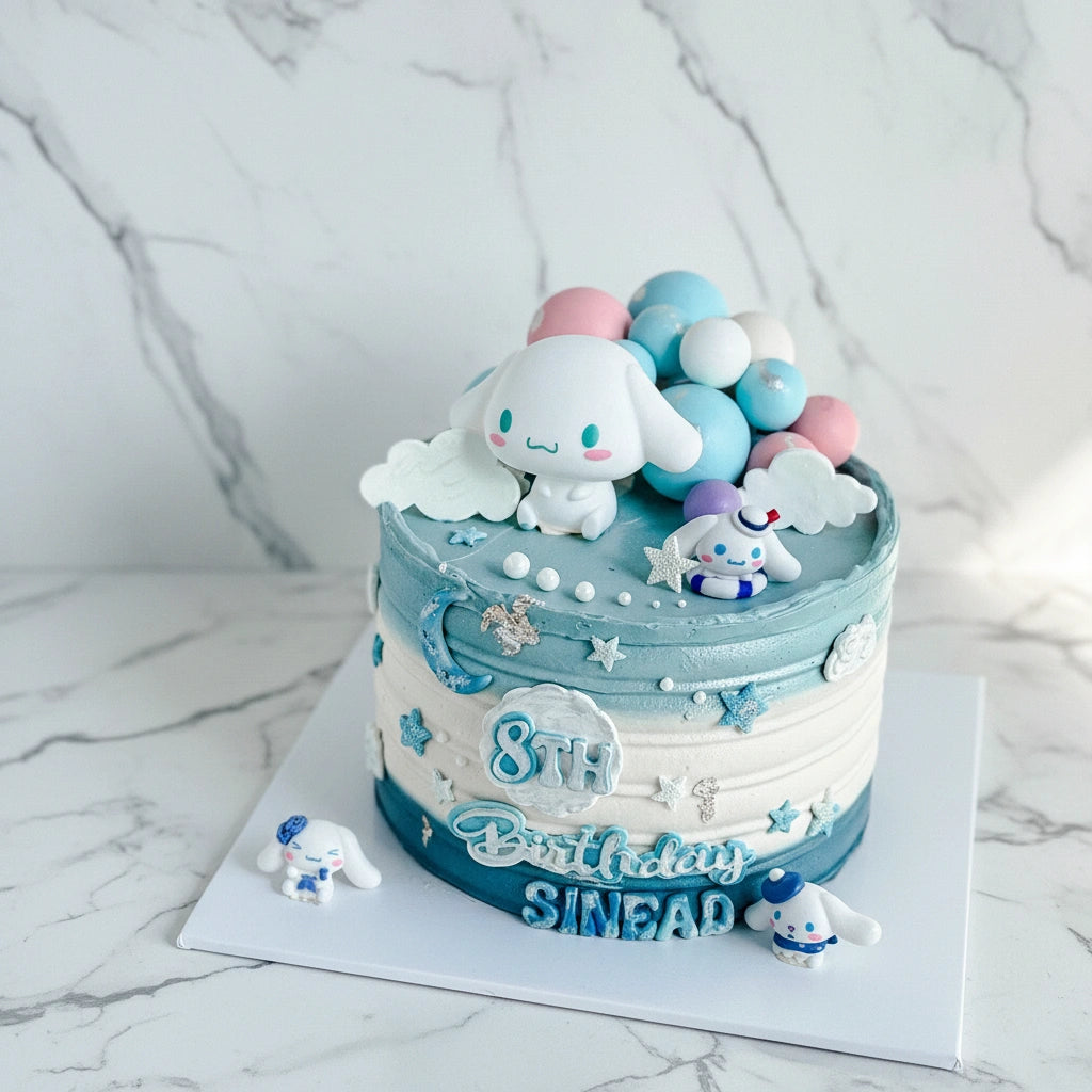 Marble cake featuring Cinnamoroll character decoration from Kaki Desserts, showcasing a colorful and detailed custom cake for special occasions.