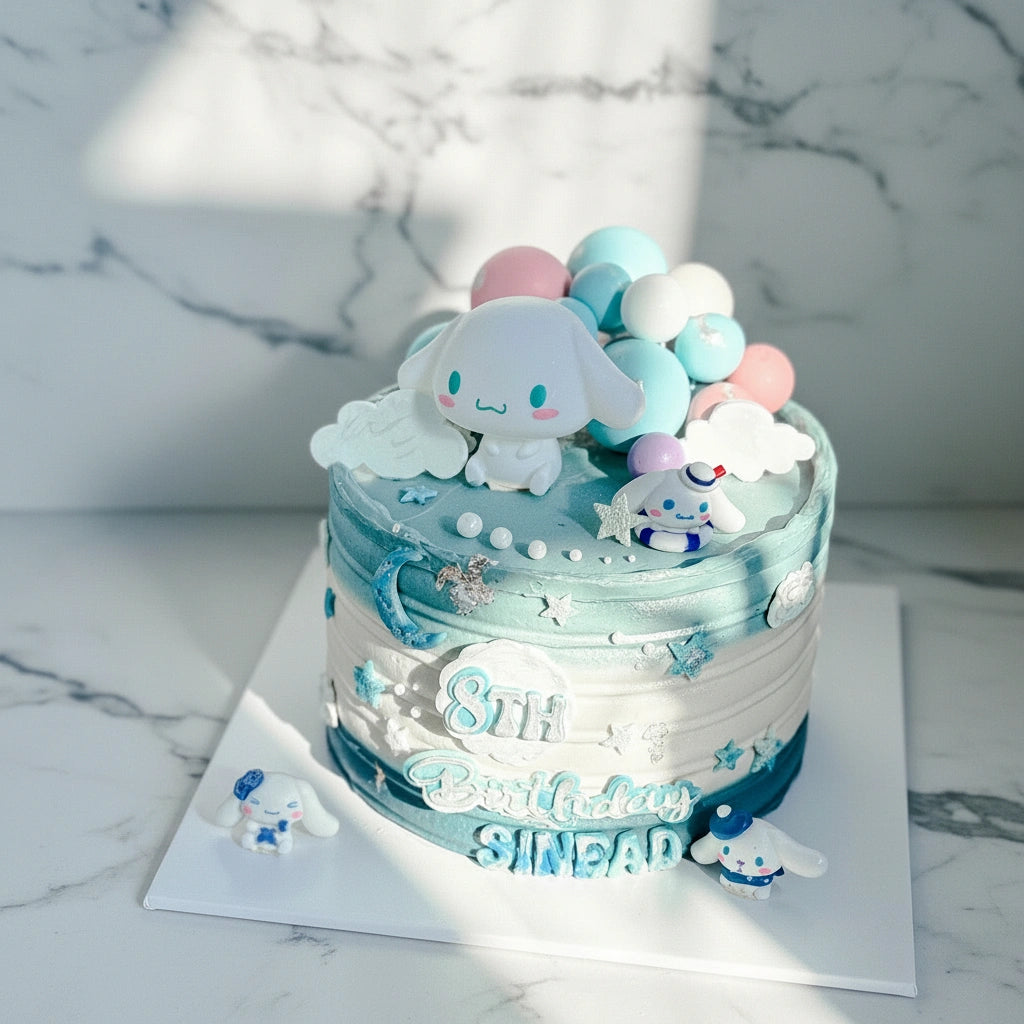Marble-themed Cinnamoroll cake from Kaki Desserts featuring cute character design and smooth marble frosting.