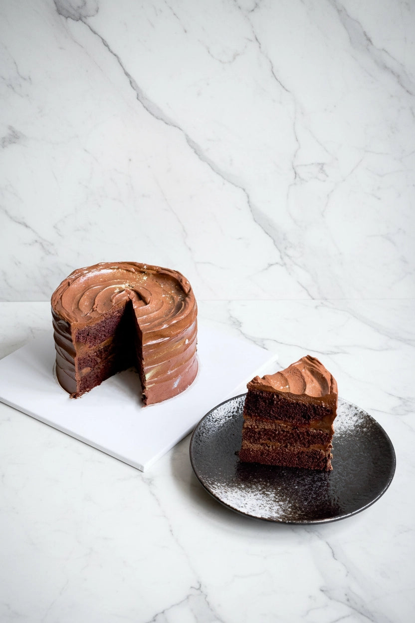 Slice of devil's cake from Kaki Desserts with rich chocolate layers and marbled frosting on a white plate.