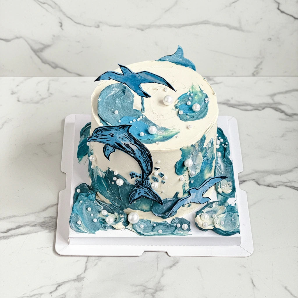 Marble dolphin-shaped cake by Kaki Desserts featuring smooth marble icing and detailed dolphin design for special occasions.