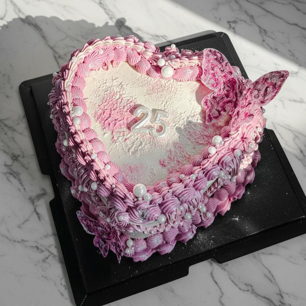 Marble heart-shaped bespoke cake by Kaki Desserts with elegant marble icing and delicate heart decoration.