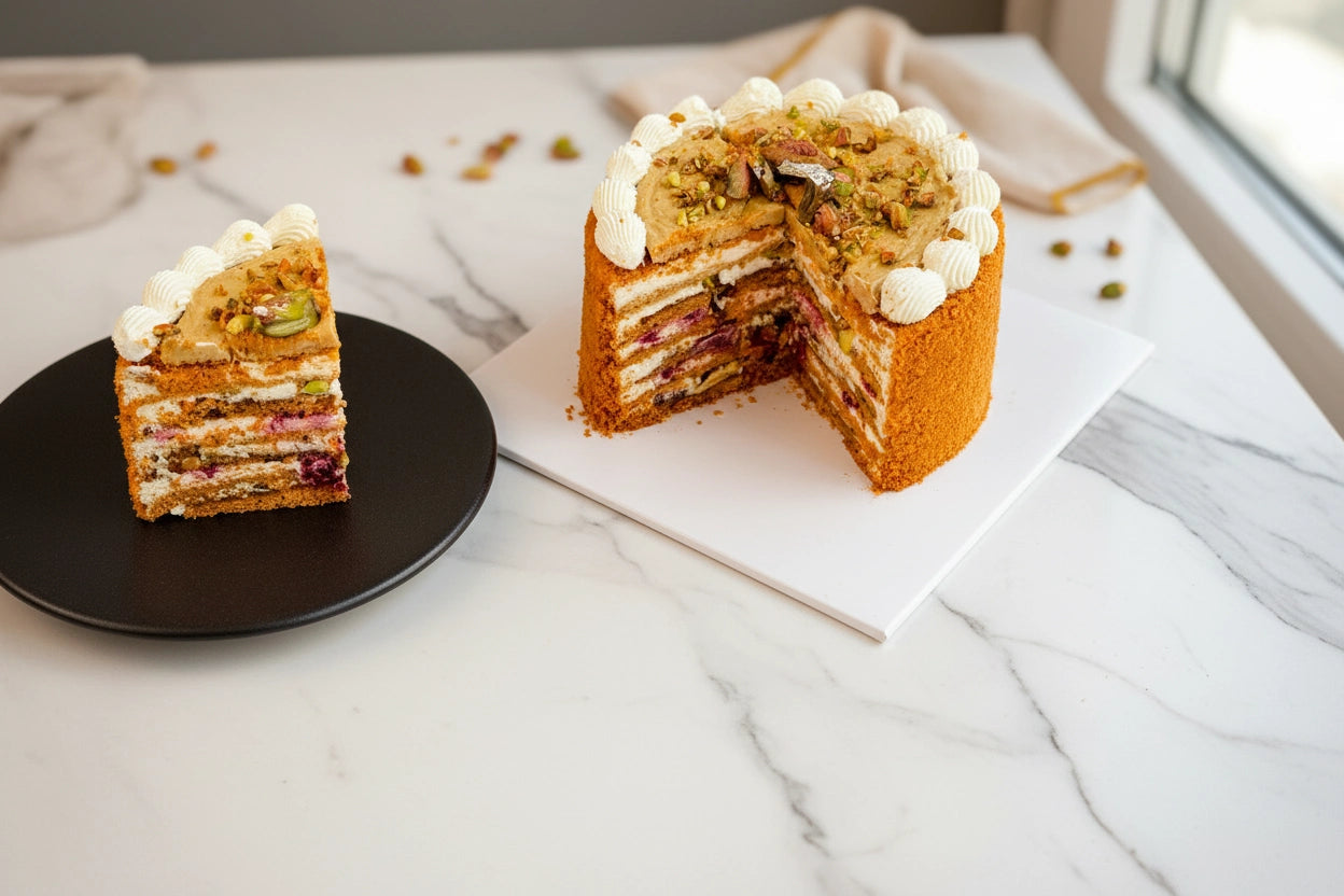 Six-layer pistachio honey cake from Kaki Desserts, showcasing the layered, honey-glazed pistachio cake with a refined, sugar-free recipe.