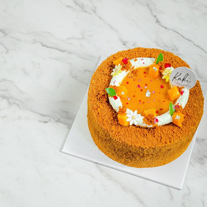 Honeycomb marble mango float by Kaki Desserts, sugar-free mango and honeycomb layered dessert with marble pattern.