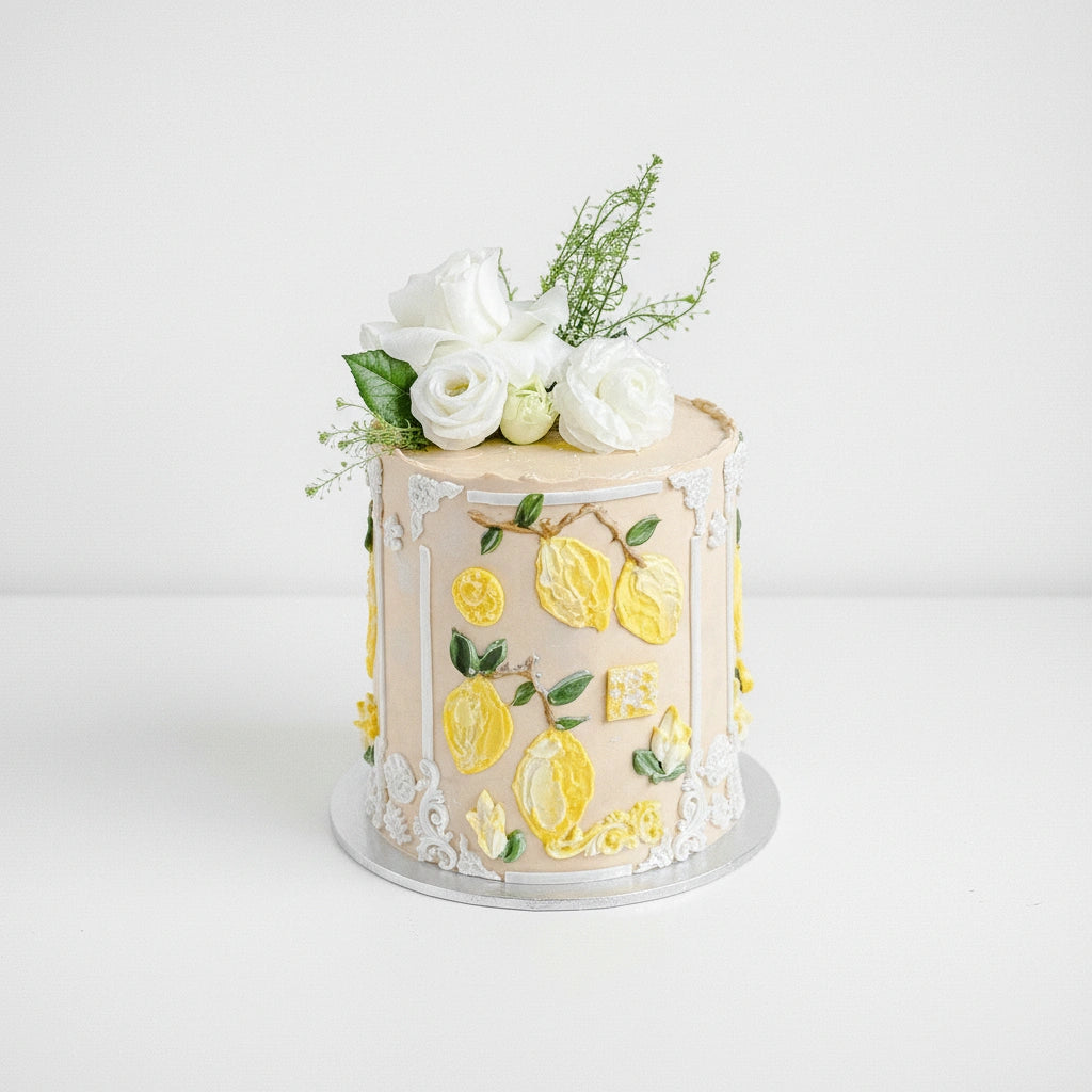 Lemon Baroque Cake by Kaki Desserts featuring layered lemon-flavored cake with decorative lemon slices and elegant frosting.