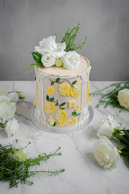 Marble lemon cake from Kaki Desserts featuring a layered design with lemon-flavored icing and decorative marble pattern