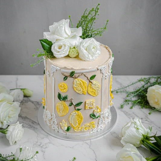 Marble lemon cake from Kaki Desserts featuring a layered design with lemon-flavored icing and decorative marble pattern