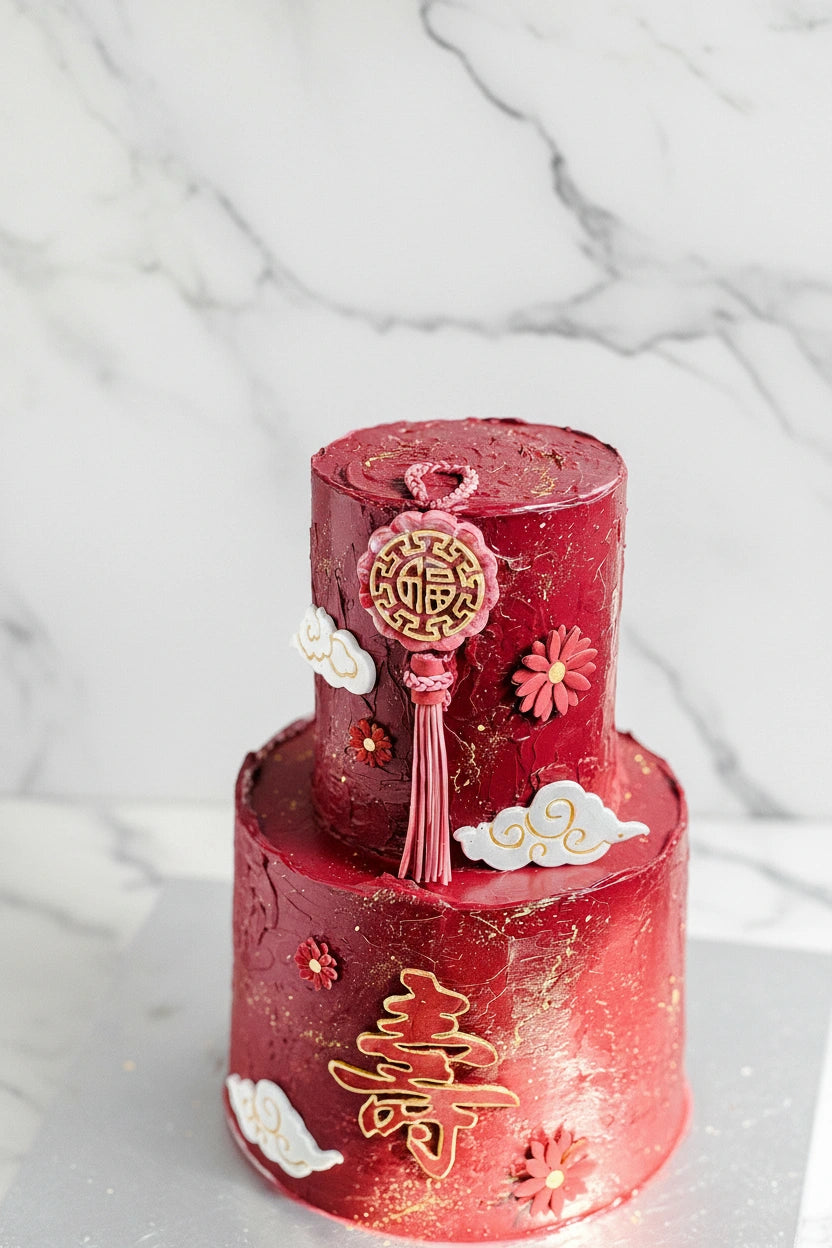 Close-up of a marble-themed tier cake by Kaki Desserts, showcasing elegant layers and detailed frosting design.