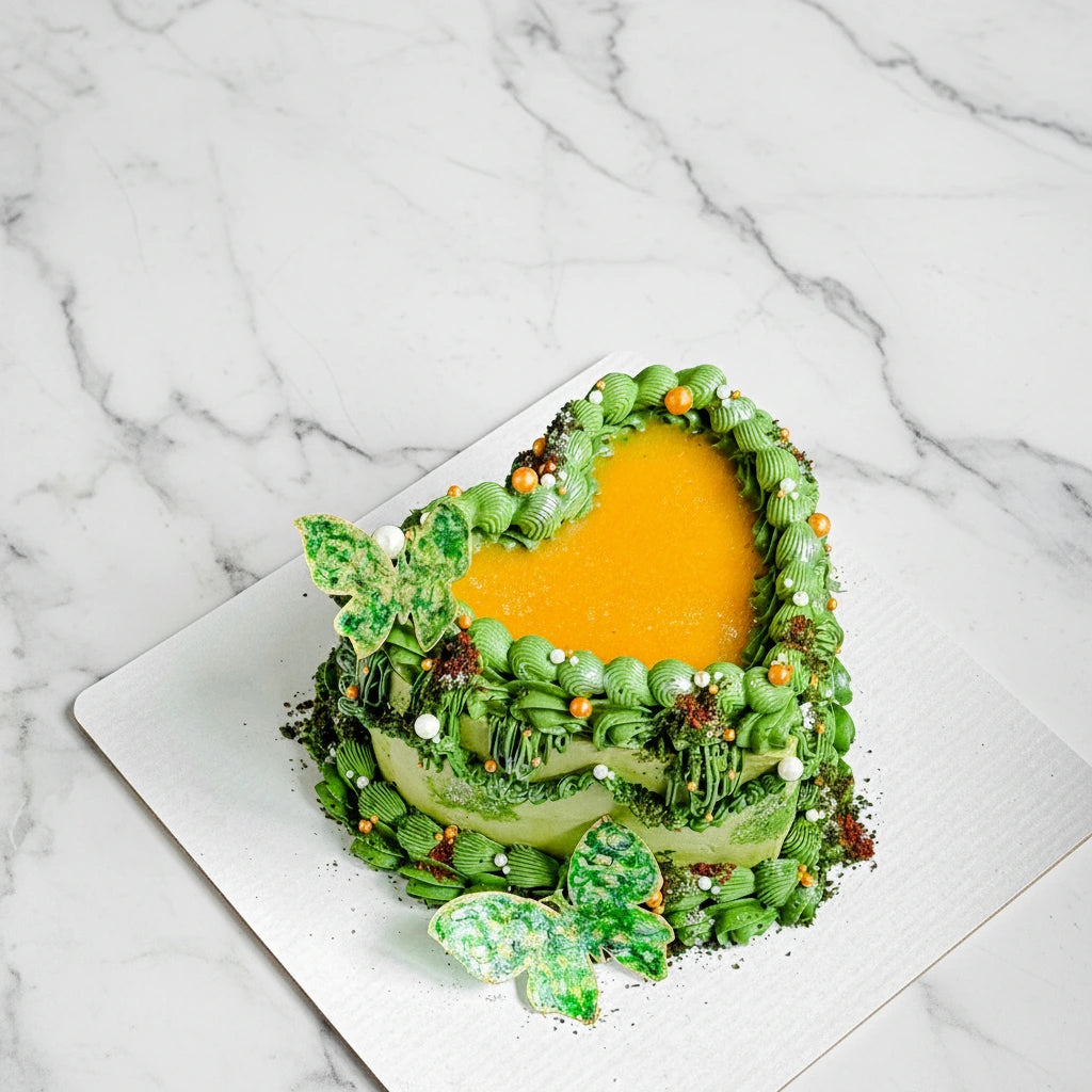 Matcha and mango marble cake from Kaki Desserts, featuring vibrant green and orange swirls on a sliced cake.