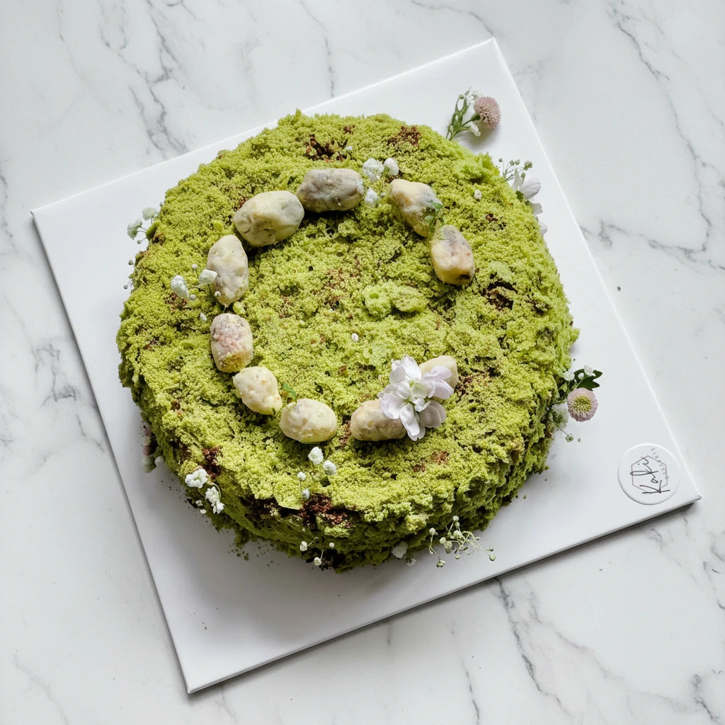 Matcha moss mochi cake by Kaki Desserts, featuring a marble pattern with vibrant green matcha and soft mochi texture.
