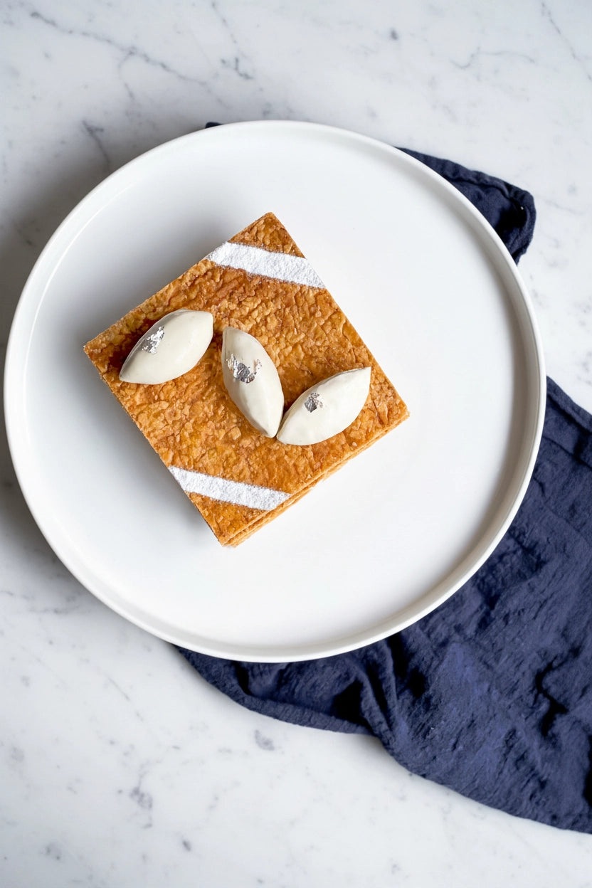Kaki Desserts bespoke mille-feuille cake with layered pastry, cream filling, and navy napkin on marble surface.