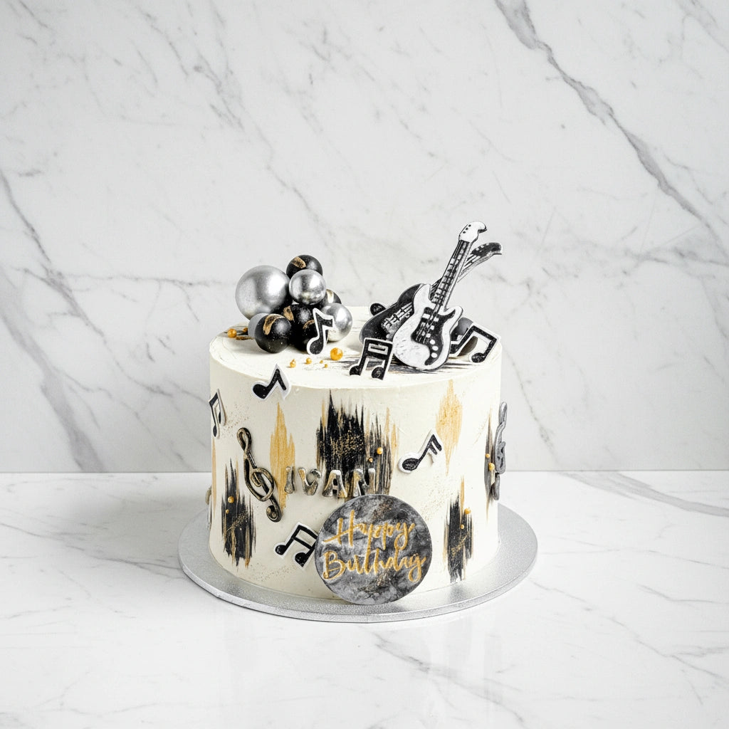 Marble guitar-shaped cake by Kaki Desserts featuring intricate musical guitar design and elegant marble frosting.