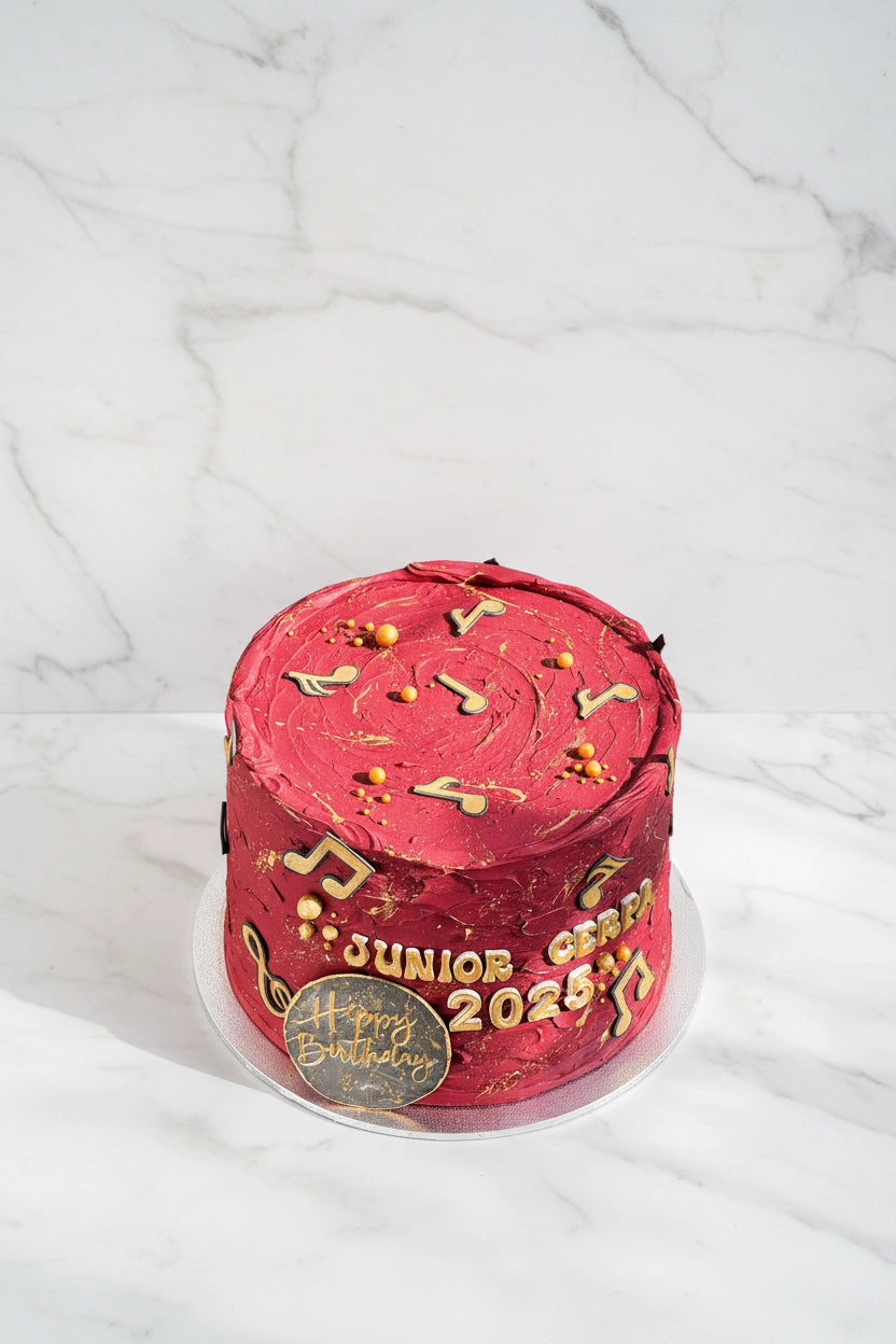 Marble music note cake from Kaki Desserts featuring intricate musical note decorations on a smooth marble cake surface.