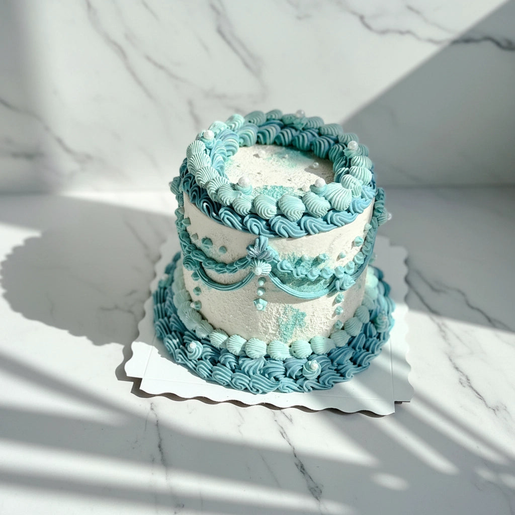 Marble ocean-wave design on a bespoke cake by Kaki Desserts, showcasing intricate blue and white marbling art.