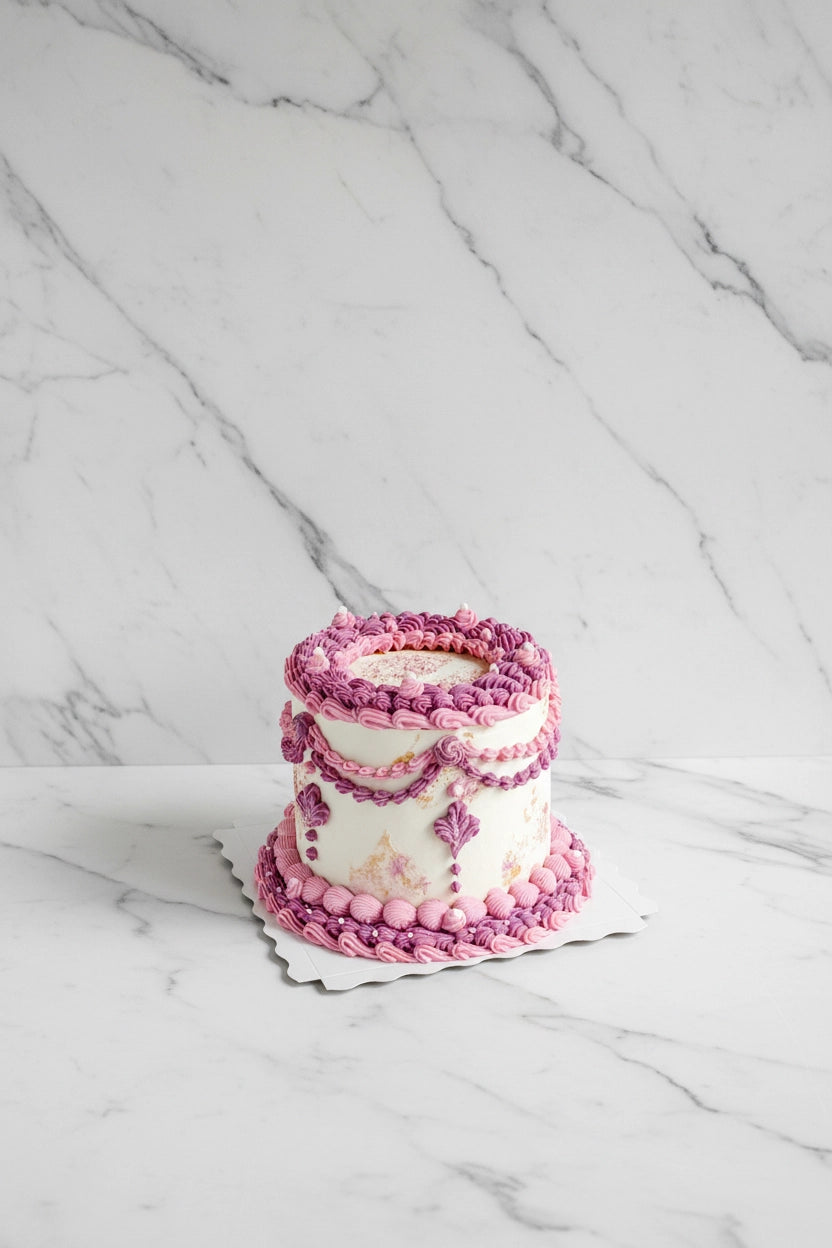Pink marble wave-shaped bespoke cake by Kaki Desserts, featuring elegant marbling and artistic design for special occasions.