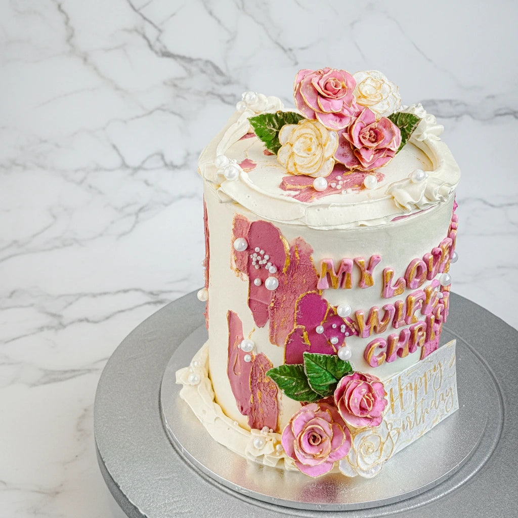 Marble rose-wife cake by Kaki Desserts featuring intricate rose and marble fondant decoration on a white cake.