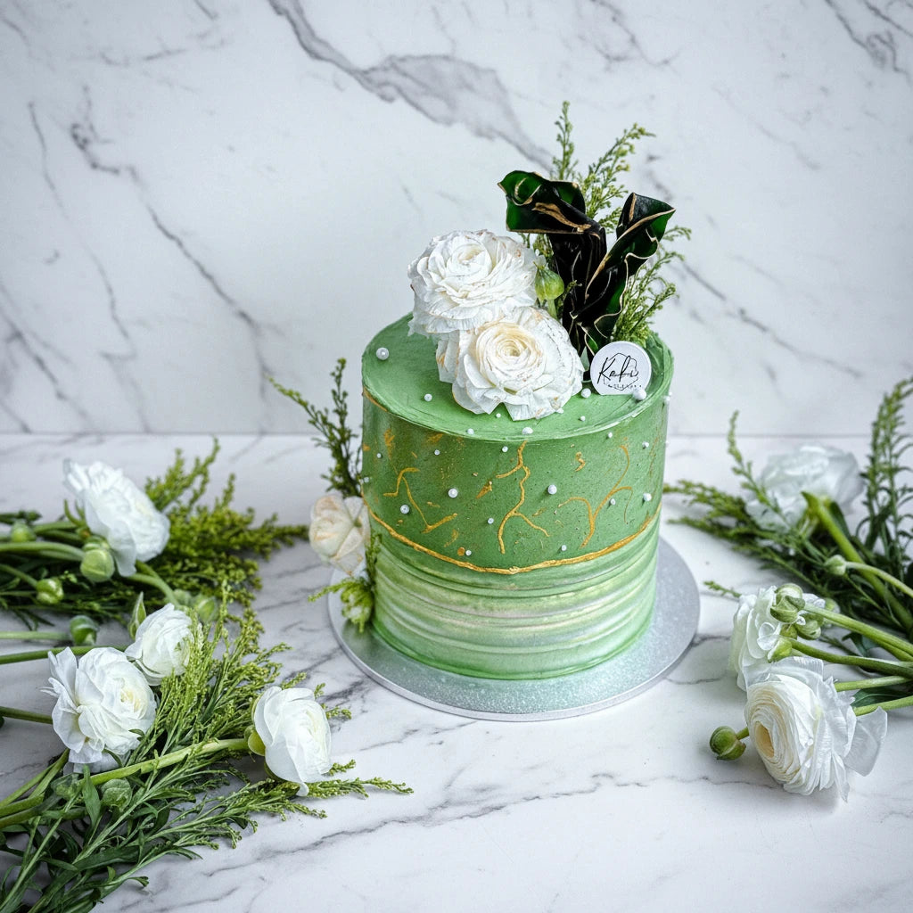 Sage-green floral marble cake by Kaki Desserts with elegant floral decorations and smooth marbled icing.