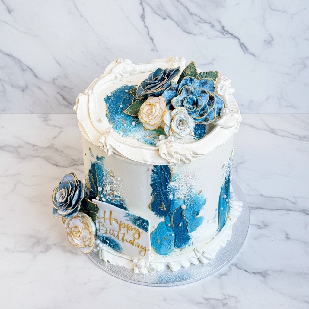 Teal and rose marble bespoke cake by Kaki Desserts with elegant swirling design and smooth frosting detail.