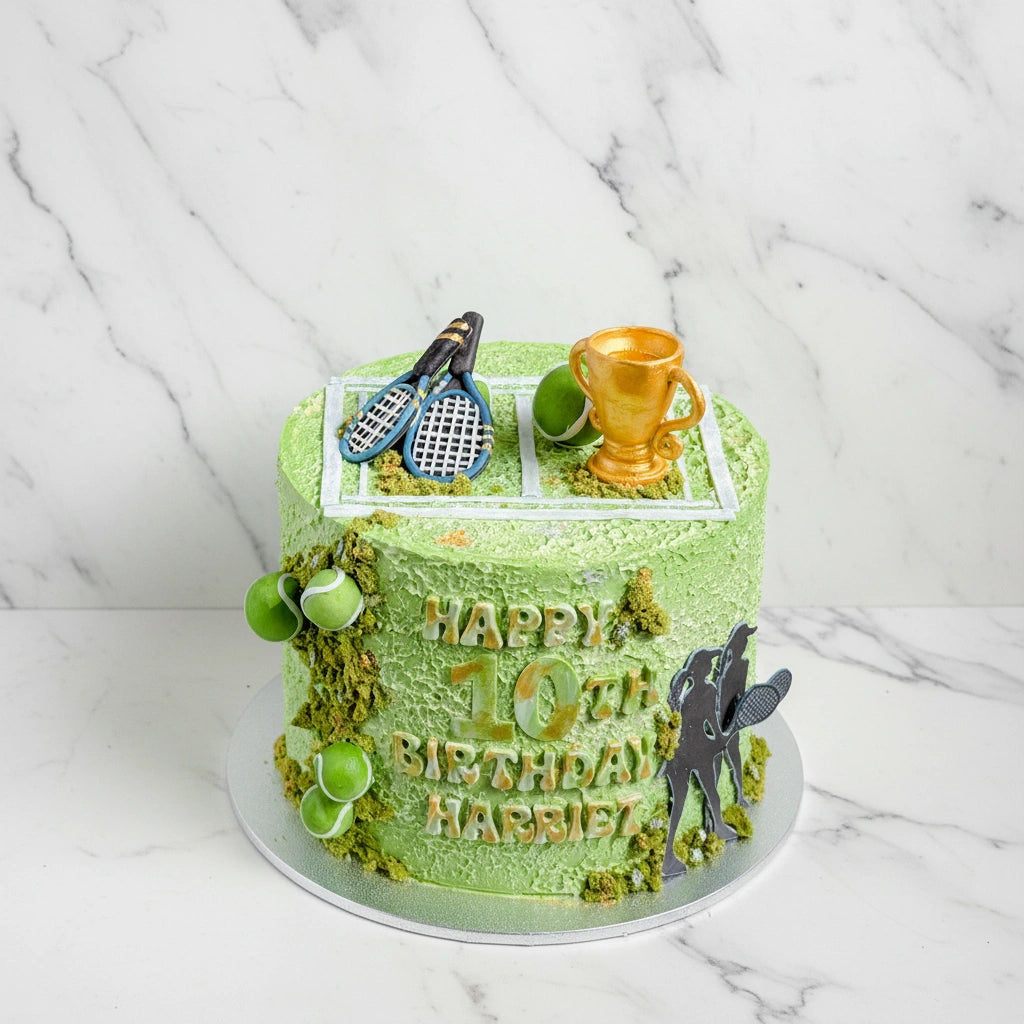 Marble tennis-themed cake with white and gray swirled frosting, decorated with tennis racquet and ball motifs, by Kaki Desserts.