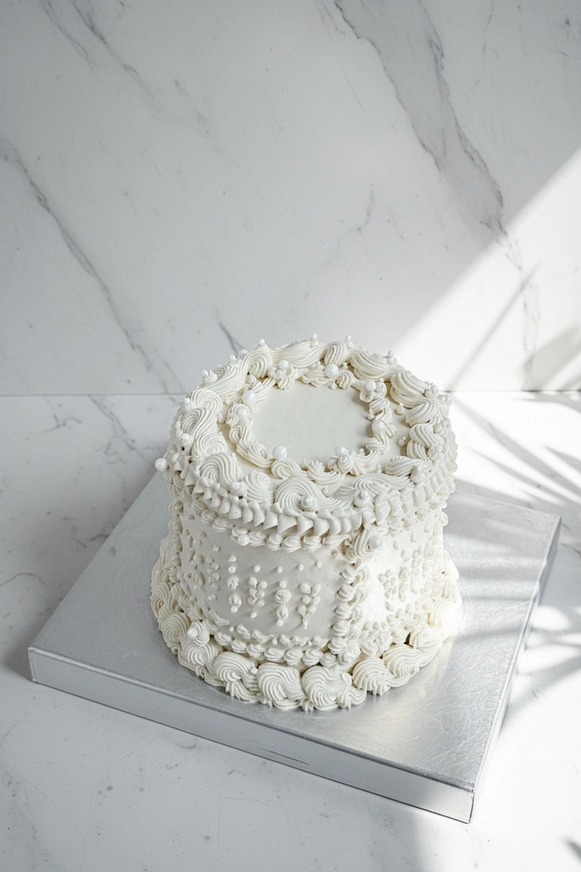 Marble Lambeth cake by Kaki Desserts featuring a white and gray marbled icing design on a classic cake.